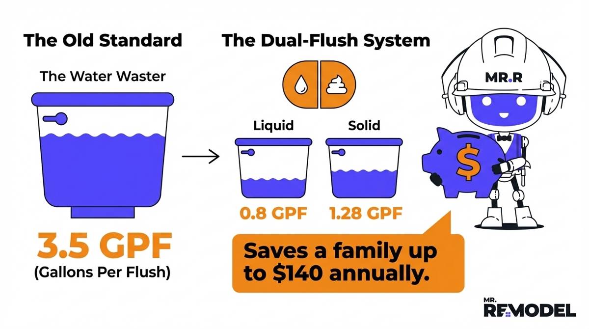 A visual comparison of toilet water usage, showing an older 3.5 Gallons Per Flush (GPF) model next to a modern dual-flush system that utilizes 0.8 GPF for liquid waste and 1.28 GPF for solid waste to save homeowners up to $140 annually.